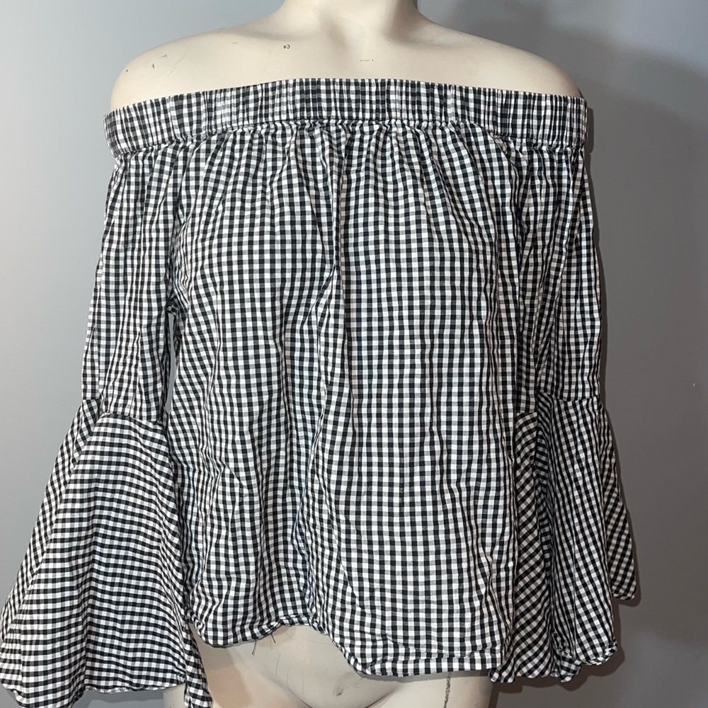 Neiman Marcus black white checked off shoulder bell sleeve blouse large